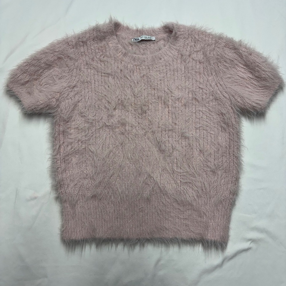 Zara Pink Eyelash Knit Short Sleeve Fuzzy Sweater Crewneck Top Mens Size M